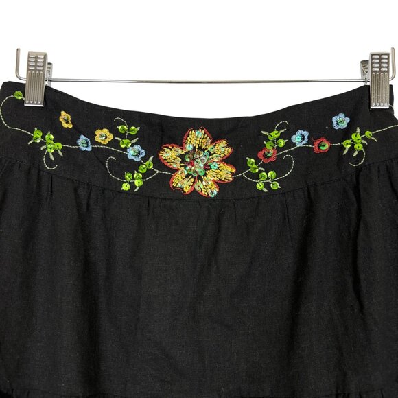 Women's Linen Tiered Midi Skirt 14 Black Floral Embroidery Sequin Festival Boho - Picture 2 of 9